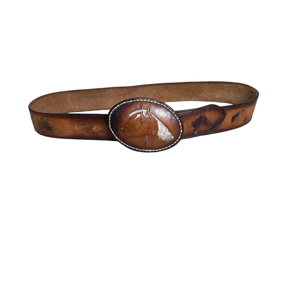 Handmade Hand Tooled Brown Leather Belt Horses Extra Small - Picture 4 of 12